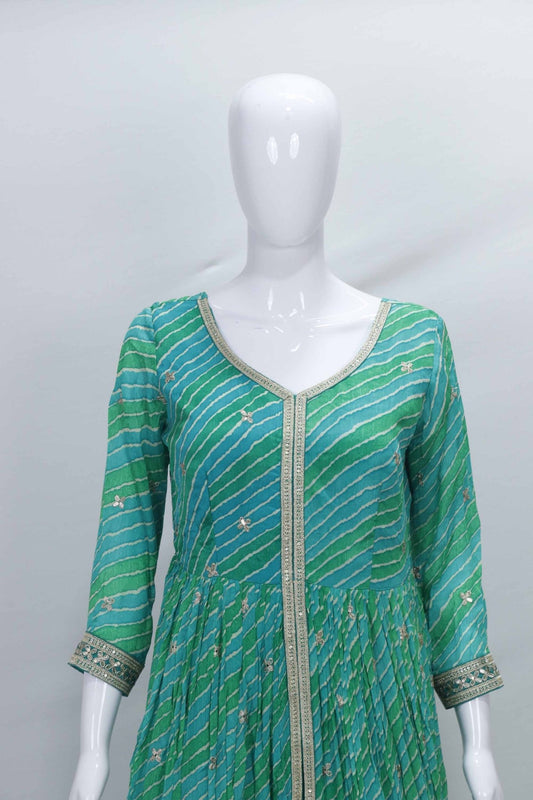 Teal Bandhani Anarkali Suit with Embroidered Border - Mangaldeep NX