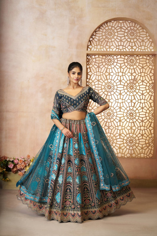 Teal Blue and Black Heavy Embroidered Bridal Lehenga Choli Set with Net Dupatta - Mangaldeep NX