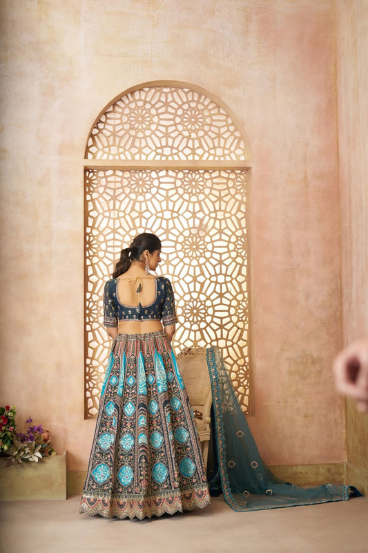Teal Blue and Black Heavy Embroidered Bridal Lehenga Choli Set with Net Dupatta - Mangaldeep NX