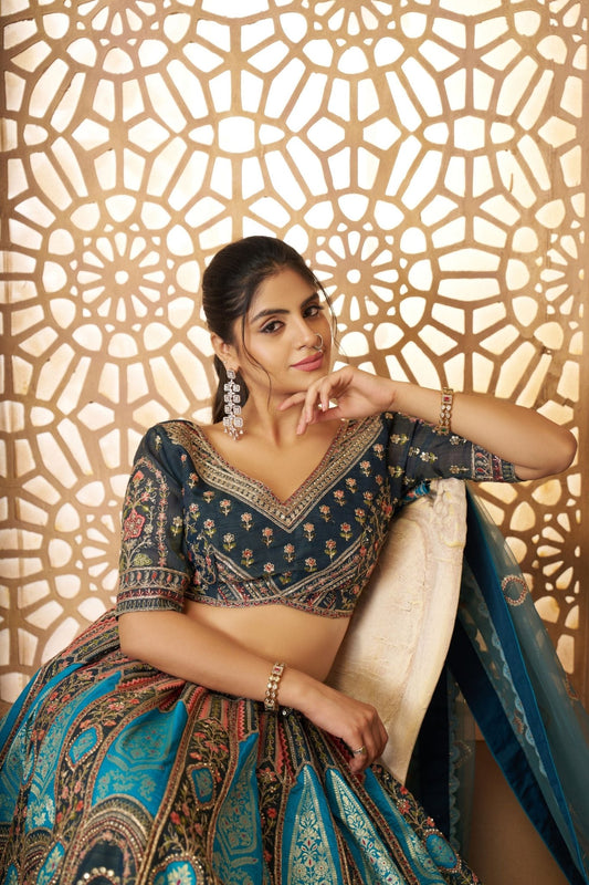 Teal Blue and Black Heavy Embroidered Bridal Lehenga Choli Set with Net Dupatta - Mangaldeep NX