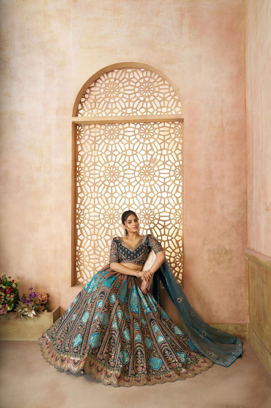 Teal Blue and Black Heavy Embroidered Bridal Lehenga Choli Set with Net Dupatta - Mangaldeep NX