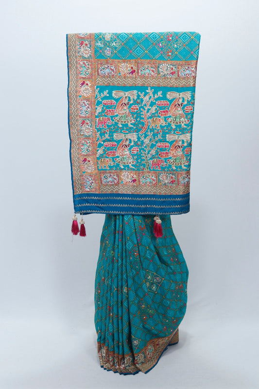 Teal Blue Banarasi Silk Saree with Multicolor Zari Weaving, Traditional Village Motif Pallu Tassels Festive and Wedding Wear - Mangaldeep NX