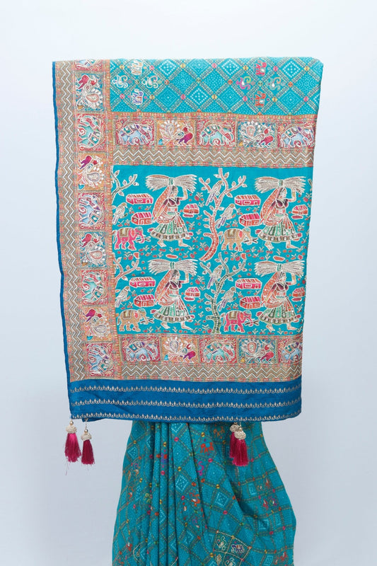 Teal Blue Banarasi Silk Saree with Multicolor Zari Weaving, Traditional Village Motif Pallu Tassels Festive and Wedding Wear - Mangaldeep NX