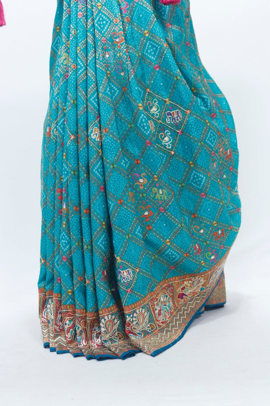 Teal Blue Banarasi Silk Saree with Multicolor Zari Weaving, Traditional Village Motif Pallu Tassels Festive and Wedding Wear - Mangaldeep NX