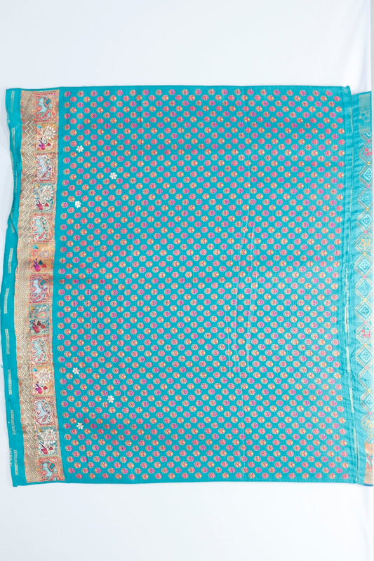 Teal Blue Banarasi Silk Saree with Multicolor Zari Weaving, Traditional Village Motif Pallu Tassels Festive and Wedding Wear - Mangaldeep NX