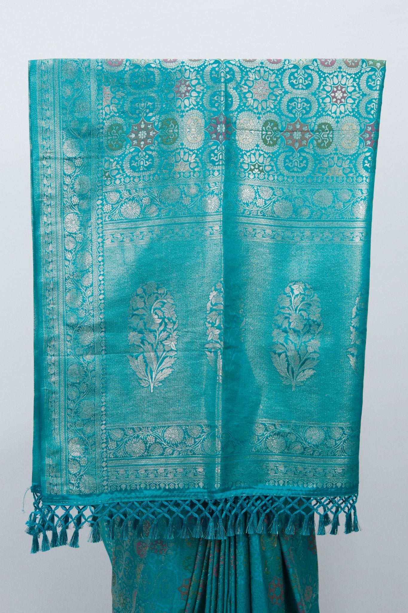 Teal Blue Banarasi Silk Saree with Silver Zari Weaving and Rich Brocade Pallu - Mangaldeep NX