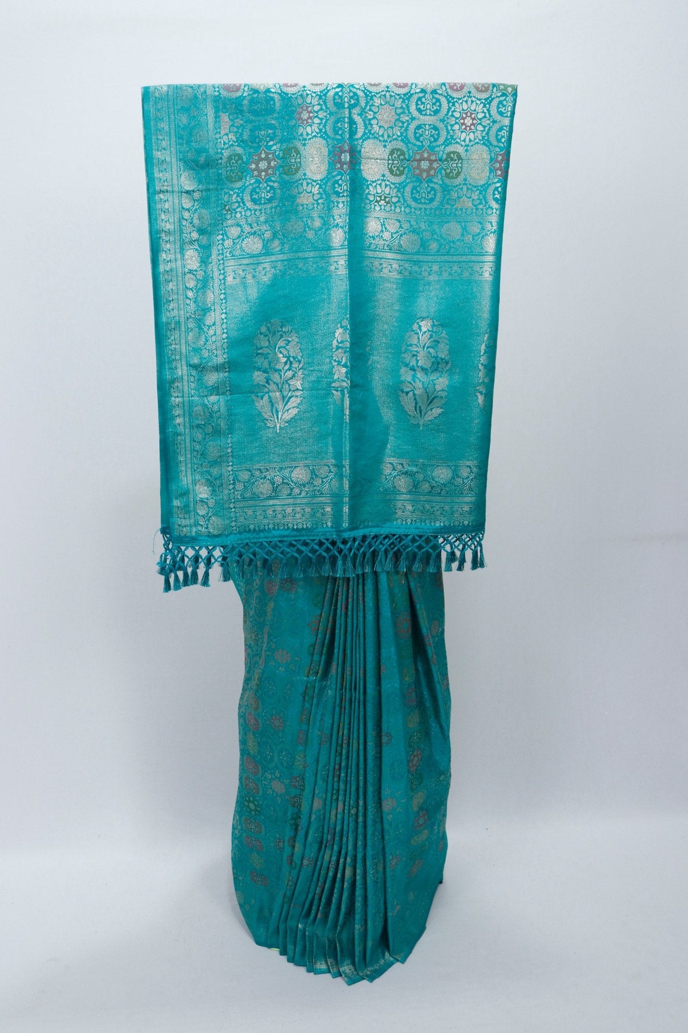 Teal Blue Banarasi Silk Saree with Silver Zari Weaving and Rich Brocade Pallu - Mangaldeep NX