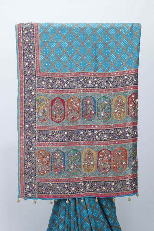 Teal Blue Bandhani Print Saree with Traditional Mirror Work and Multicolor Pallu - Mangaldeep NX