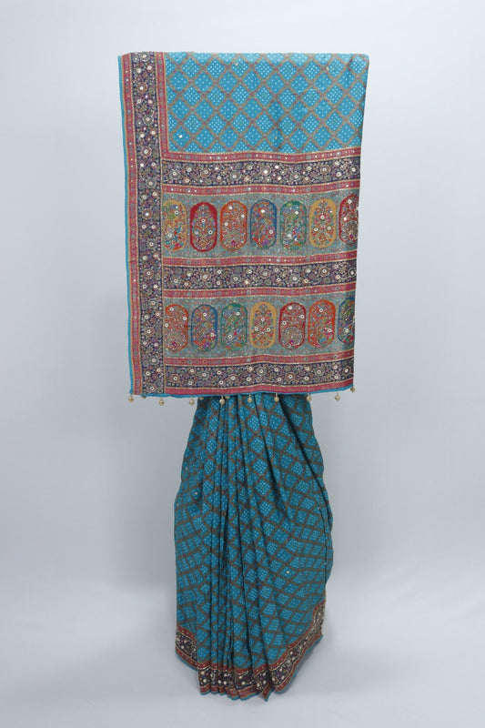 Teal Blue Bandhani Print Saree with Traditional Mirror Work and Multicolor Pallu - Mangaldeep NX