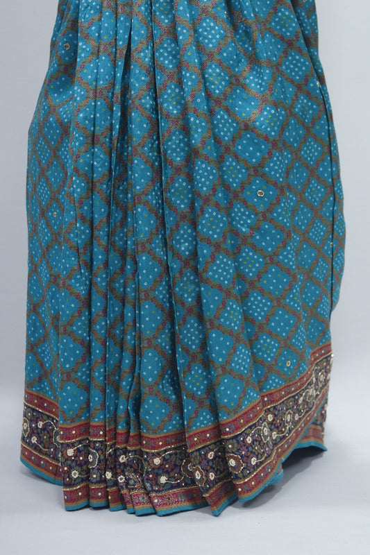 Teal Blue Bandhani Print Saree with Traditional Mirror Work and Multicolor Pallu - Mangaldeep NX