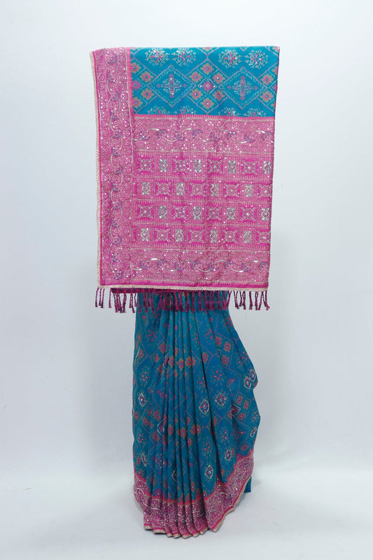 Teal Blue Bandhani Silk Saree with Pink Mirror Work Dupatta - Mangaldeep NX
