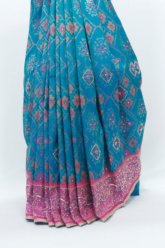 Teal Blue Bandhani Silk Saree with Pink Mirror Work Dupatta - Mangaldeep NX