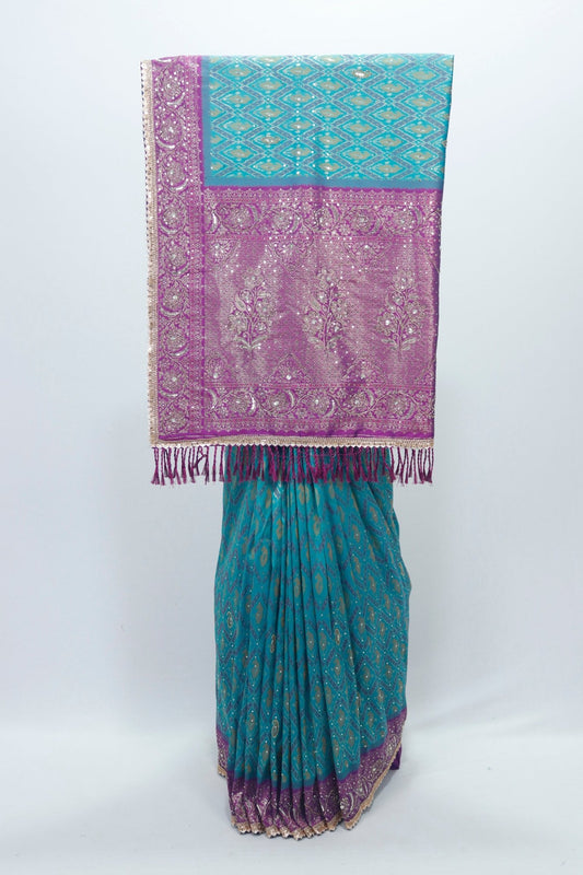 Teal Blue Bandhani Silk Saree with Purple Banarasi Zari Pallu Festive Wear - Mangaldeep NX