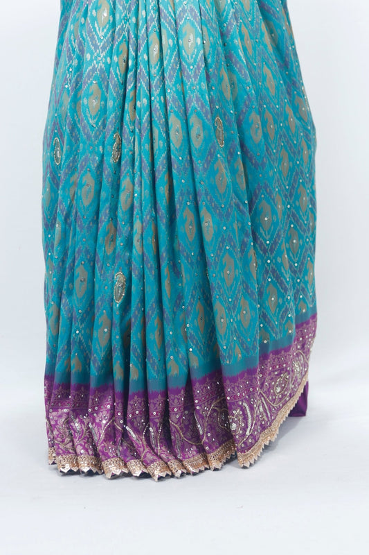 Teal Blue Bandhani Silk Saree with Purple Banarasi Zari Pallu Festive Wear - Mangaldeep NX