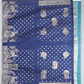 Teal Blue Bangalori Silk Saree with Silver Zari Animal Motifs and Beaded Tassel Pallu - Mangaldeep NX
