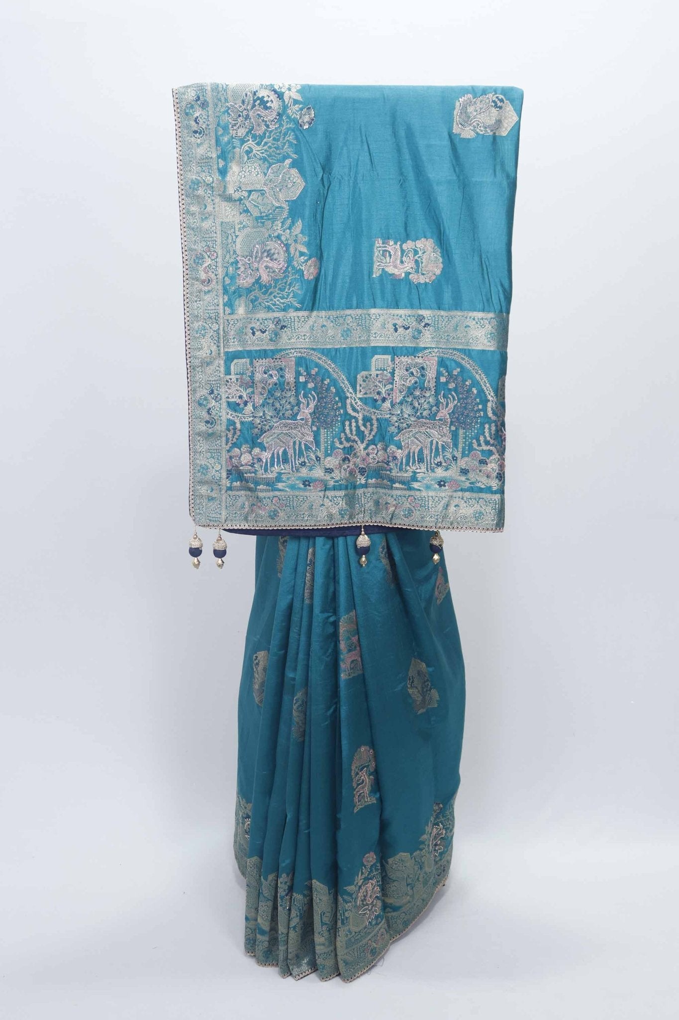 Teal Blue Bangalori Silk Saree with Silver Zari Animal Motifs and Beaded Tassel Pallu - Mangaldeep NX