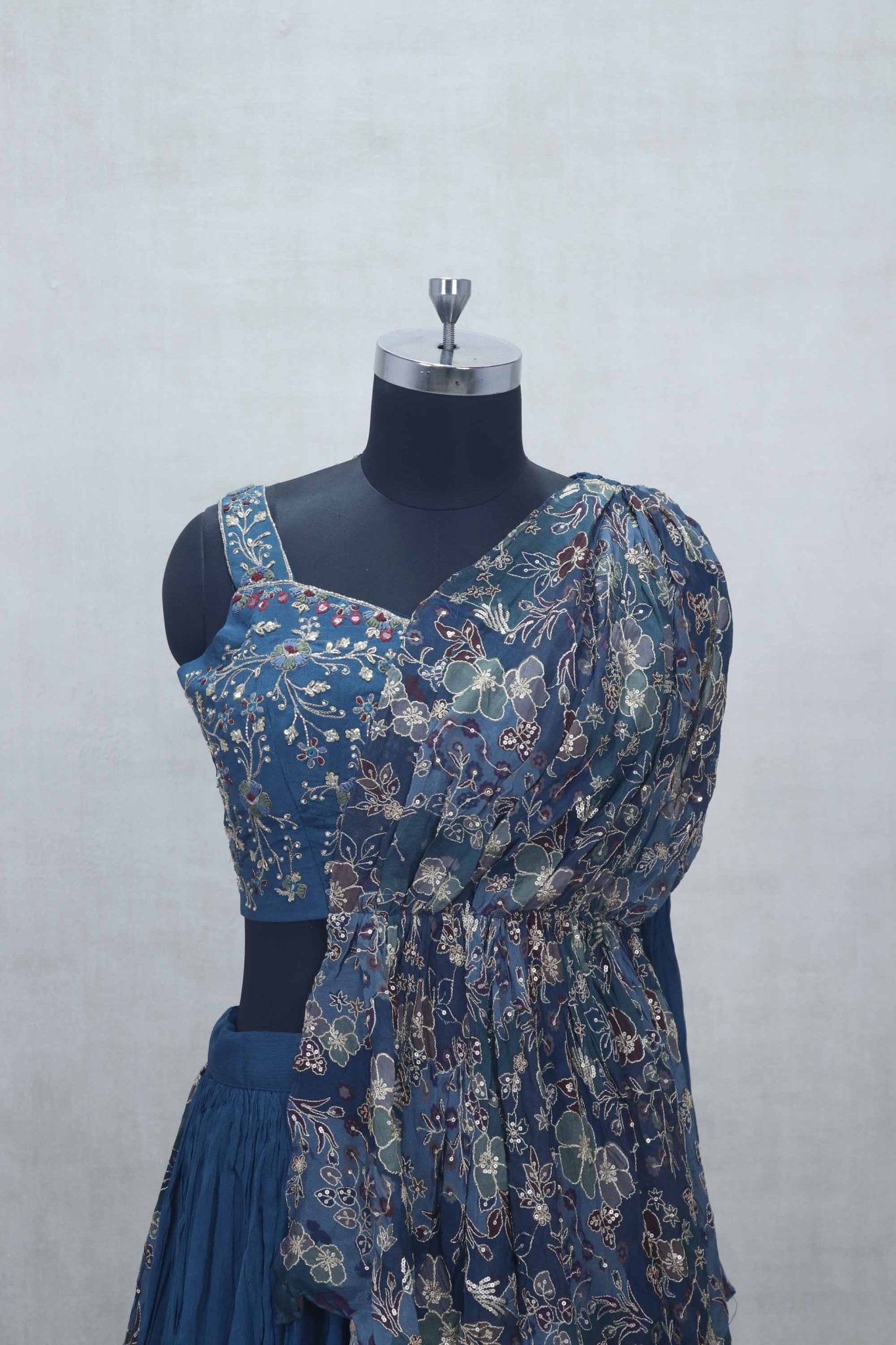 Teal Blue Crushed Lehenga Choli with Sequin Embroidered Blouse and Floral Organza Dupatta - Mangaldeep NX