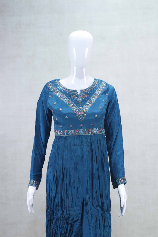 Teal Blue Embroidered Anarkali Kurta Set with Mirror Work and Dupatta - Mangaldeep NX