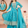 Teal Blue Embroidered Anarkali Suit with Palazzo & Dupatta - Mangaldeep NX