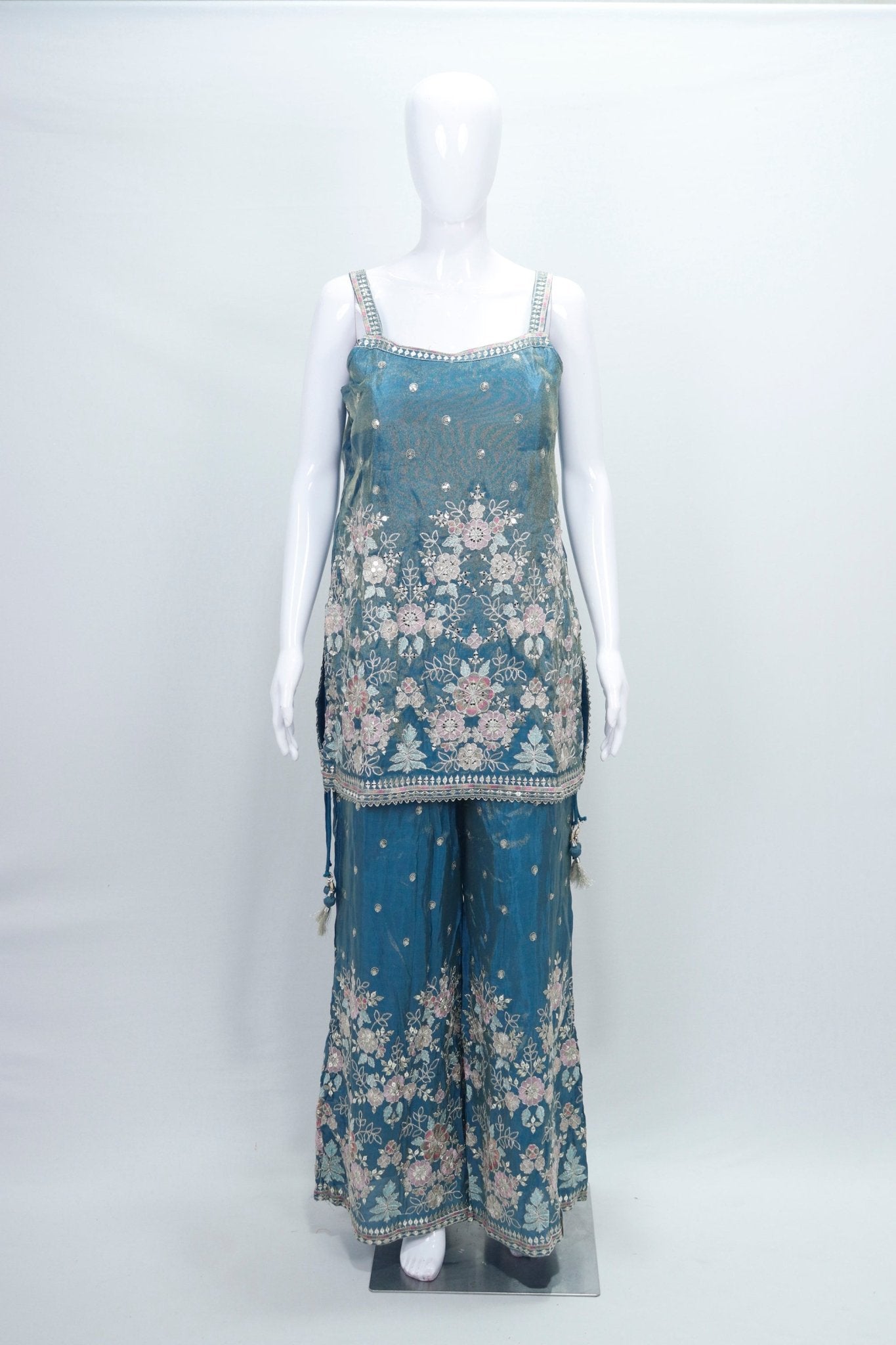 Teal Blue Embroidered Net Sharara Set Designer Floral Ethnic Party Wear with Dupatta - Mangaldeep NX