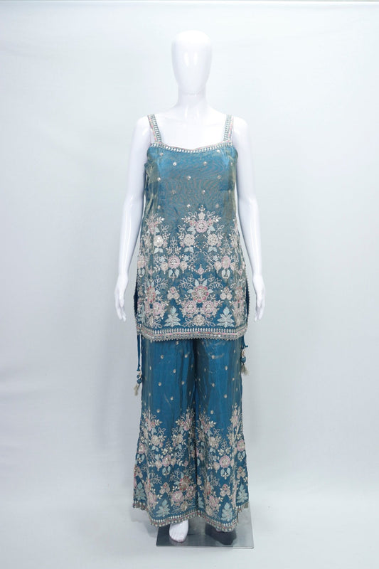 Teal Blue Embroidered Net Sharara Set Designer Floral Ethnic Party Wear with Dupatta - Mangaldeep NX