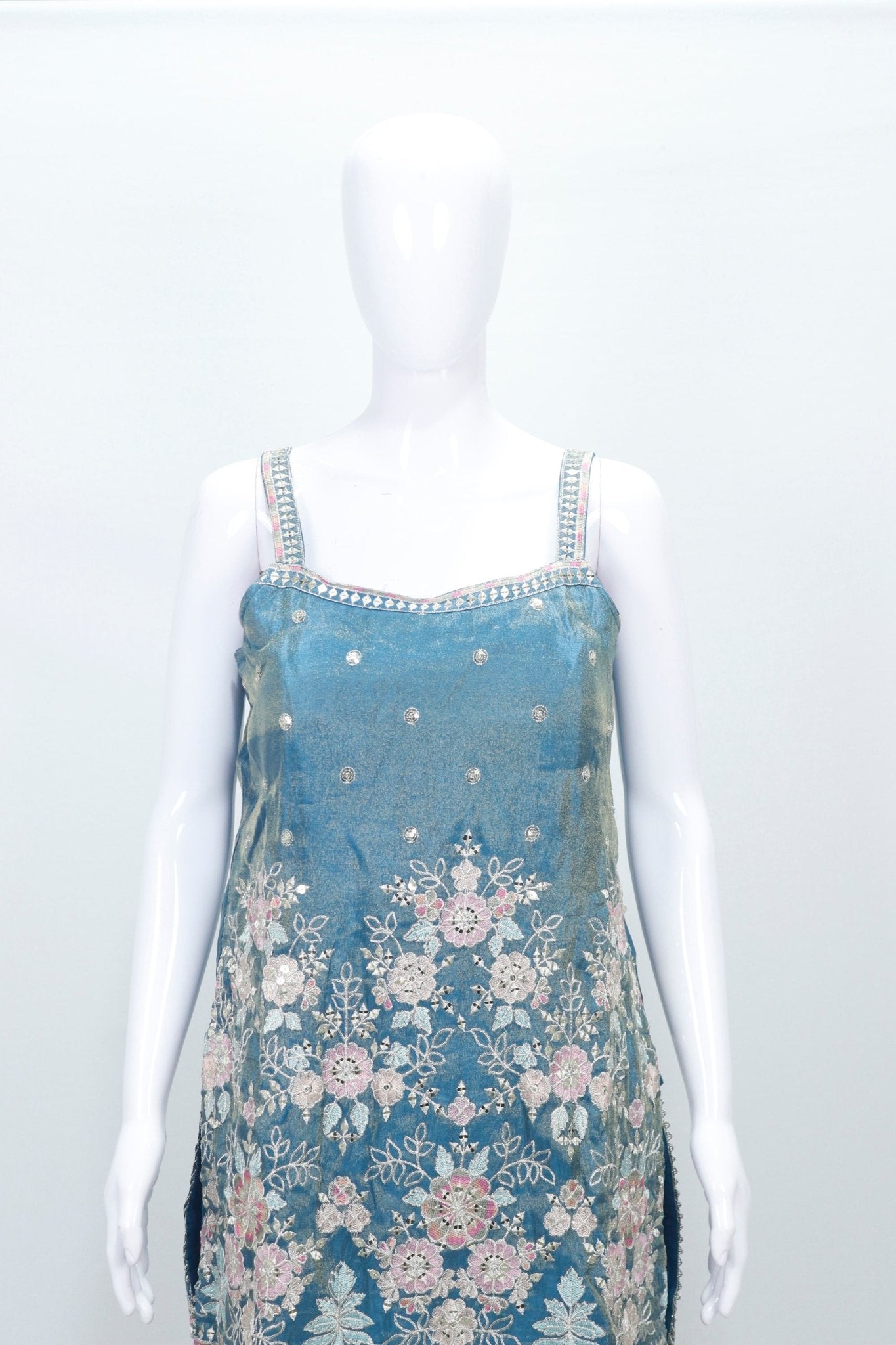 Teal Blue Embroidered Net Sharara Set Designer Floral Ethnic Party Wear with Dupatta - Mangaldeep NX