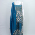 Teal Blue Embroidered Net Sharara Set Designer Floral Ethnic Party Wear with Dupatta - Mangaldeep NX