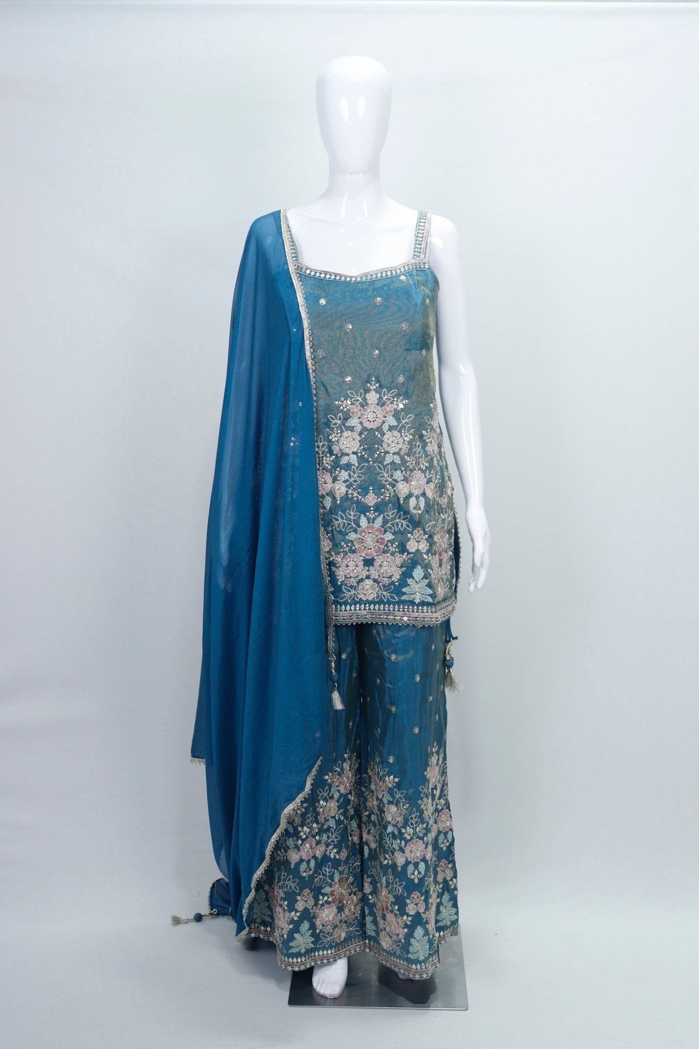Teal Blue Embroidered Net Sharara Set Designer Floral Ethnic Party Wear with Dupatta - Mangaldeep NX