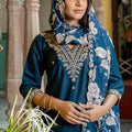 Teal Blue Embroidered Pant Style Salwar Suit with Chiffon Dupatta - Mangaldeep NX