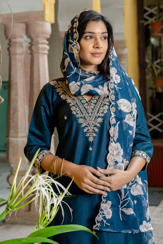 Teal Blue Embroidered Pant Style Salwar Suit with Chiffon Dupatta - Mangaldeep NX