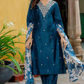 Teal Blue Embroidered Pant Style Salwar Suit with Chiffon Dupatta - Mangaldeep NX