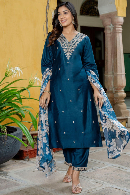 Teal Blue Embroidered Pant Style Salwar Suit with Chiffon Dupatta - Mangaldeep NX