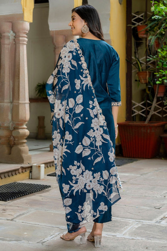 Teal Blue Embroidered Pant Style Salwar Suit with Chiffon Dupatta - Mangaldeep NX