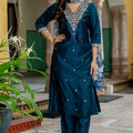 Teal Blue Embroidered Pant Style Salwar Suit with Chiffon Dupatta - Mangaldeep NX