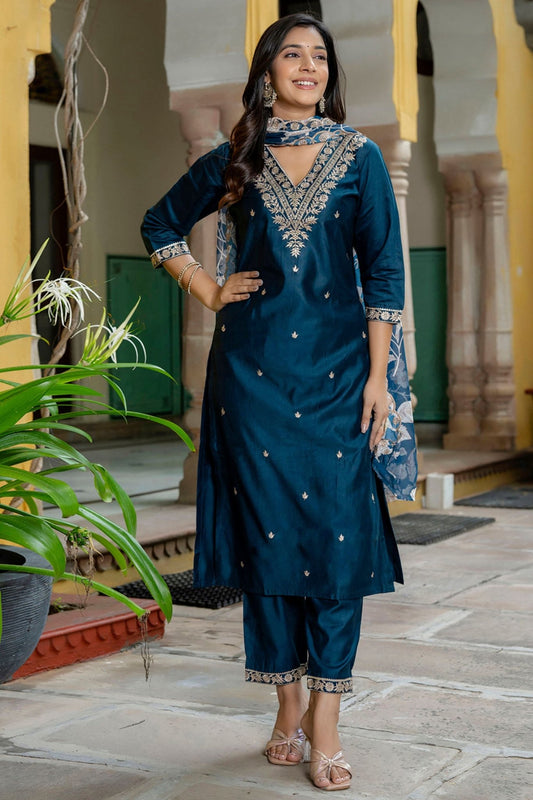 Teal Blue Embroidered Pant Style Salwar Suit with Chiffon Dupatta - Mangaldeep NX