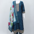 Teal Blue Embroidered Straight Salwar Suit with Floral Dupatta - Mangaldeep NX