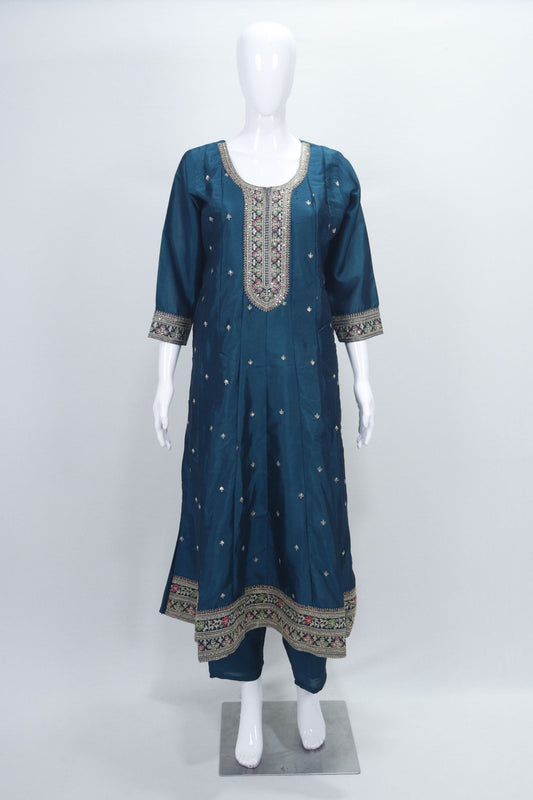 Teal Blue Embroidered Straight Salwar Suit with Floral Dupatta - Mangaldeep NX