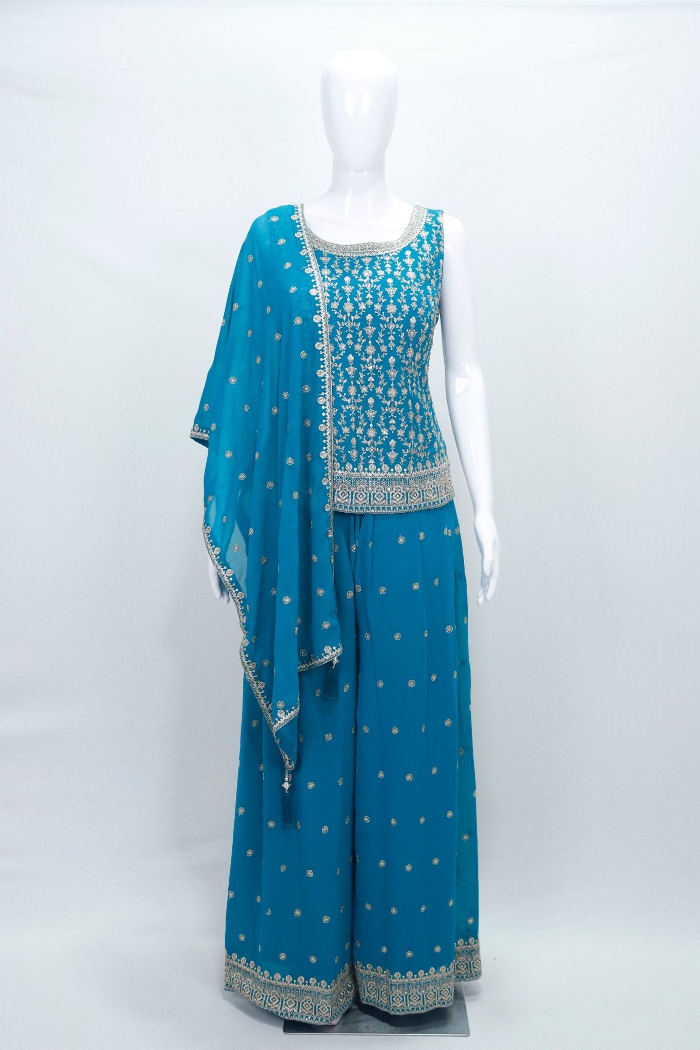 Teal Blue Georgette Sharara Suit Set with Heavy Embroidery and Dupatta - Mangaldeep NX