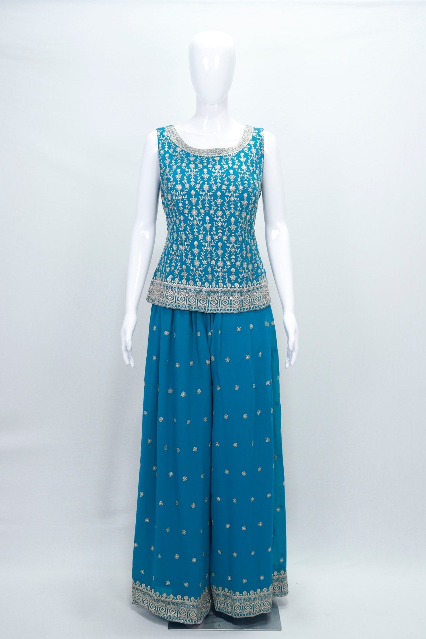 Teal Blue Georgette Sharara Suit Set with Heavy Embroidery and Dupatta - Mangaldeep NX