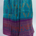 Teal Blue Ikat Silk Saree with Contrast Purple Banarasi Pallu and Zari Border - Mangaldeep NX