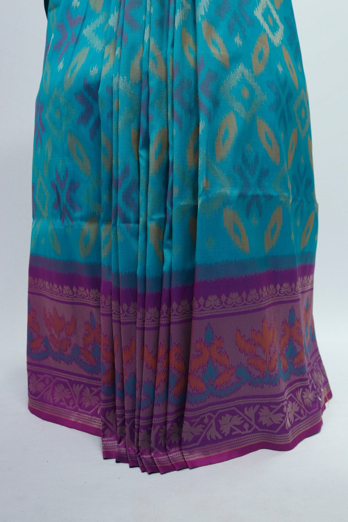 Teal Blue Ikat Silk Saree with Contrast Purple Banarasi Pallu and Zari Border - Mangaldeep NX