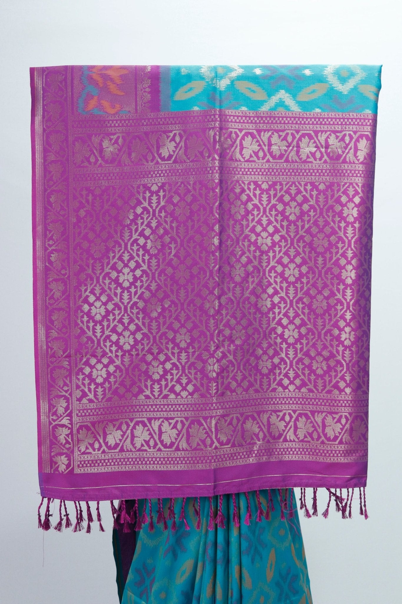 Teal Blue Ikat Silk Saree with Contrast Purple Banarasi Pallu and Zari Border - Mangaldeep NX