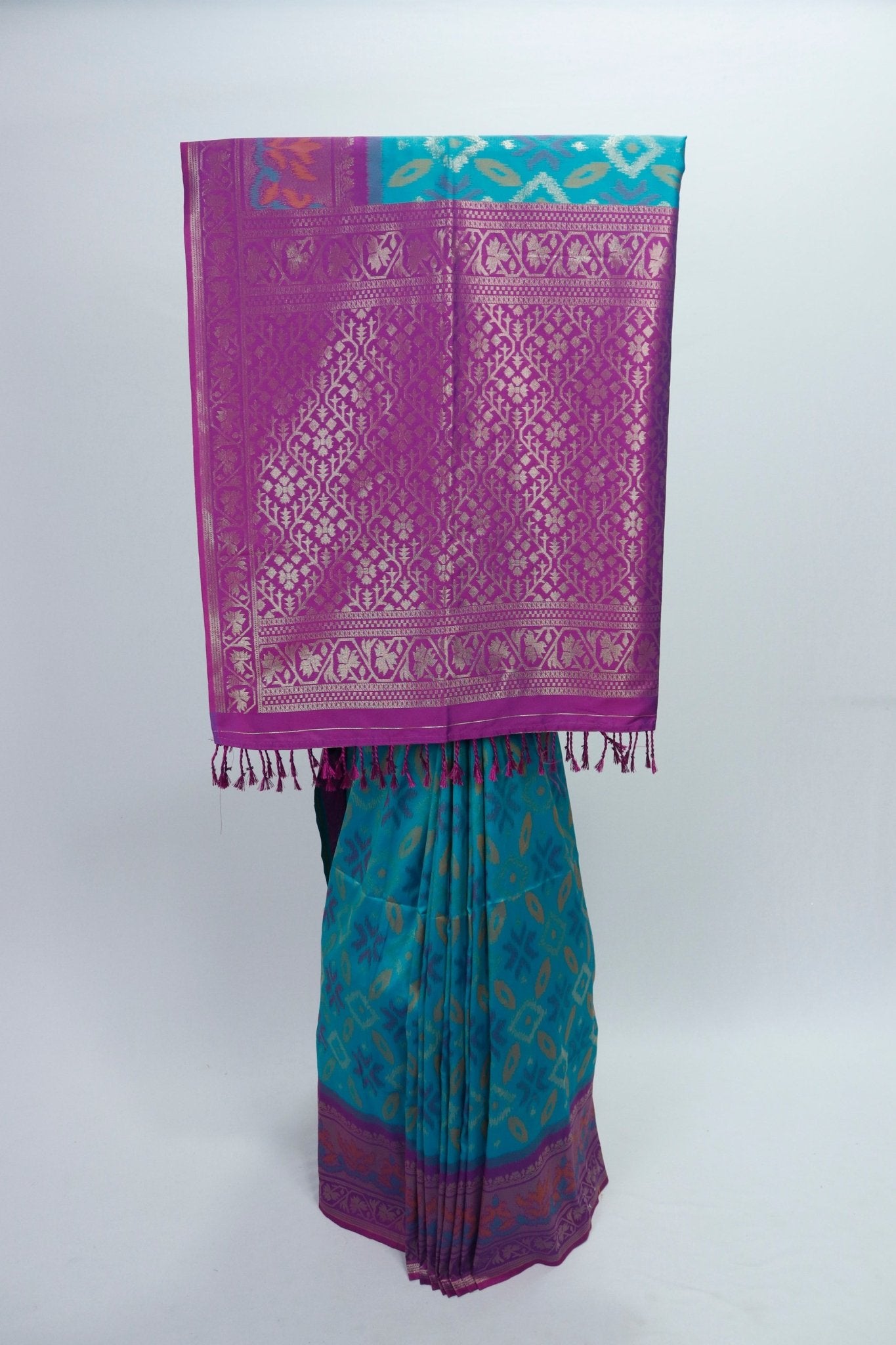Teal Blue Ikat Silk Saree with Contrast Purple Banarasi Pallu and Zari Border - Mangaldeep NX