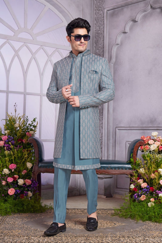 Teal Blue Indo Western Sherwani for Men with Embroidered Jacket - Mangaldeep NX