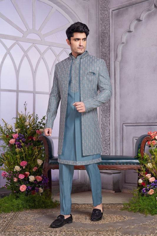 Teal Blue Indo Western Sherwani for Men with Embroidered Jacket - Mangaldeep NX