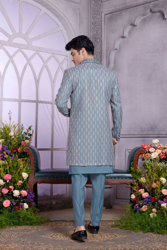 Teal Blue Indo Western Sherwani for Men with Embroidered Jacket - Mangaldeep NX