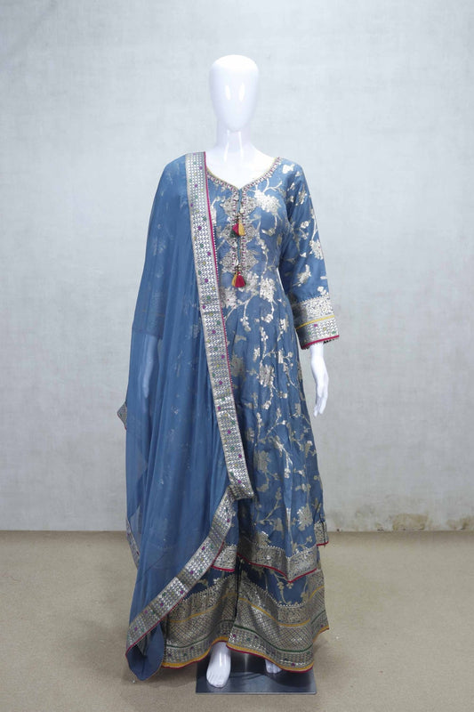Teal Blue Jacquard Silk Anarkali Dress with Gold Zari Work and Dupatta - Mangaldeep NX