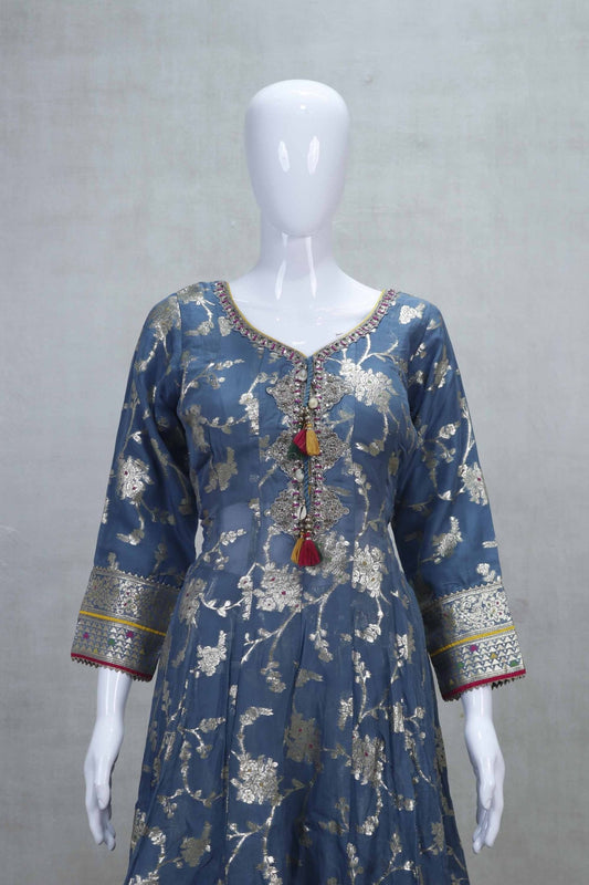 Teal Blue Jacquard Silk Anarkali Dress with Gold Zari Work and Dupatta - Mangaldeep NX