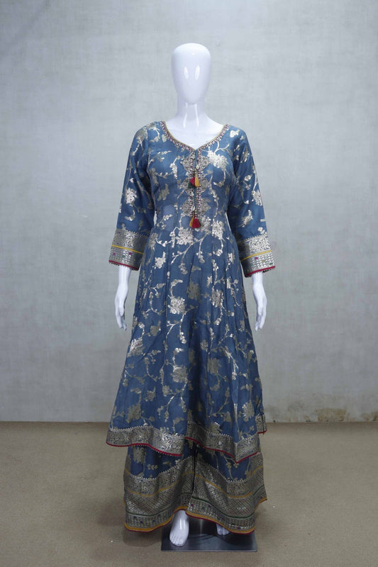 Teal Blue Jacquard Silk Anarkali Dress with Gold Zari Work and Dupatta - Mangaldeep NX