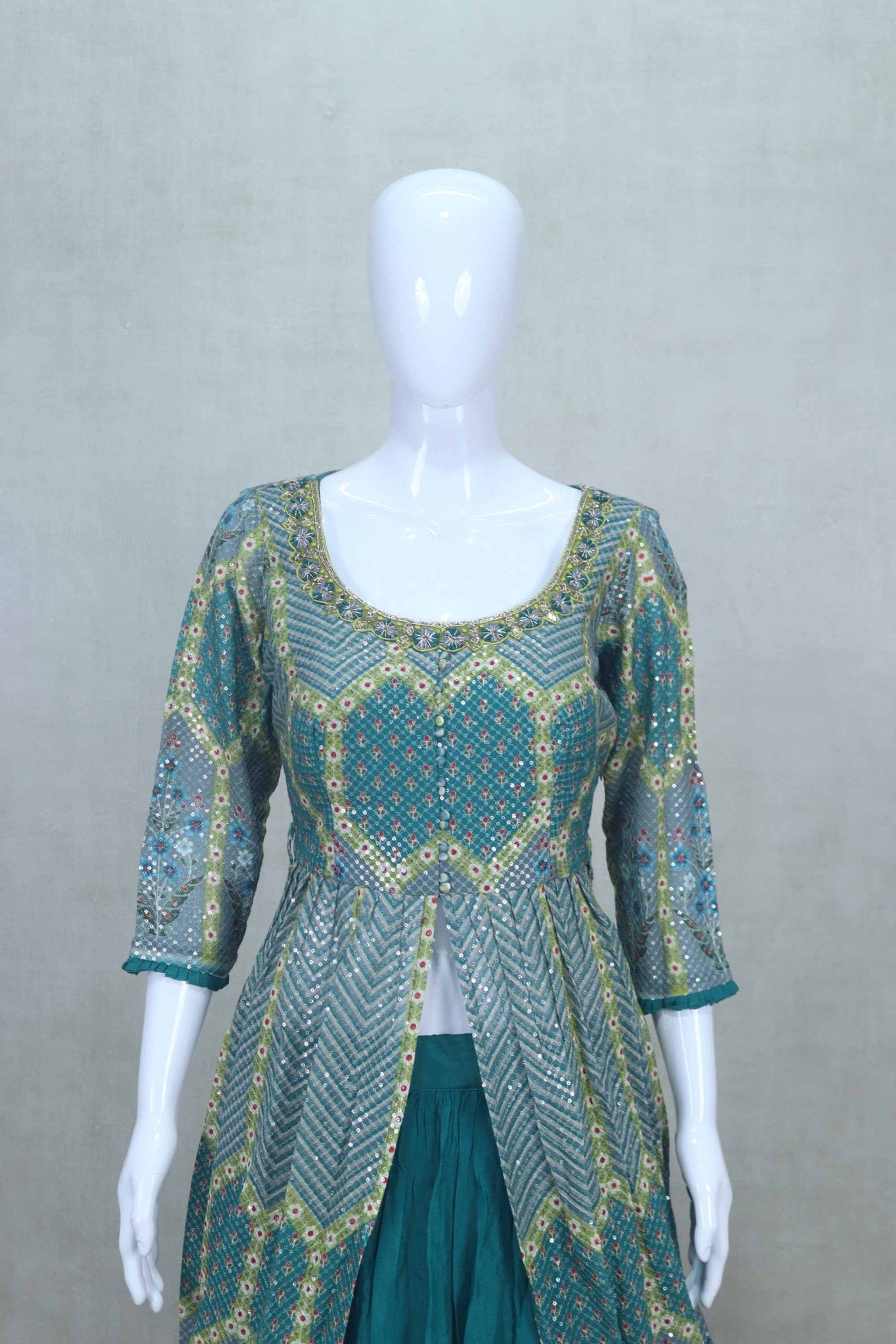 Teal Blue Mirror Work Georgette Jacket Style Lehenga Choli Set with Dupatta - Mangaldeep NX